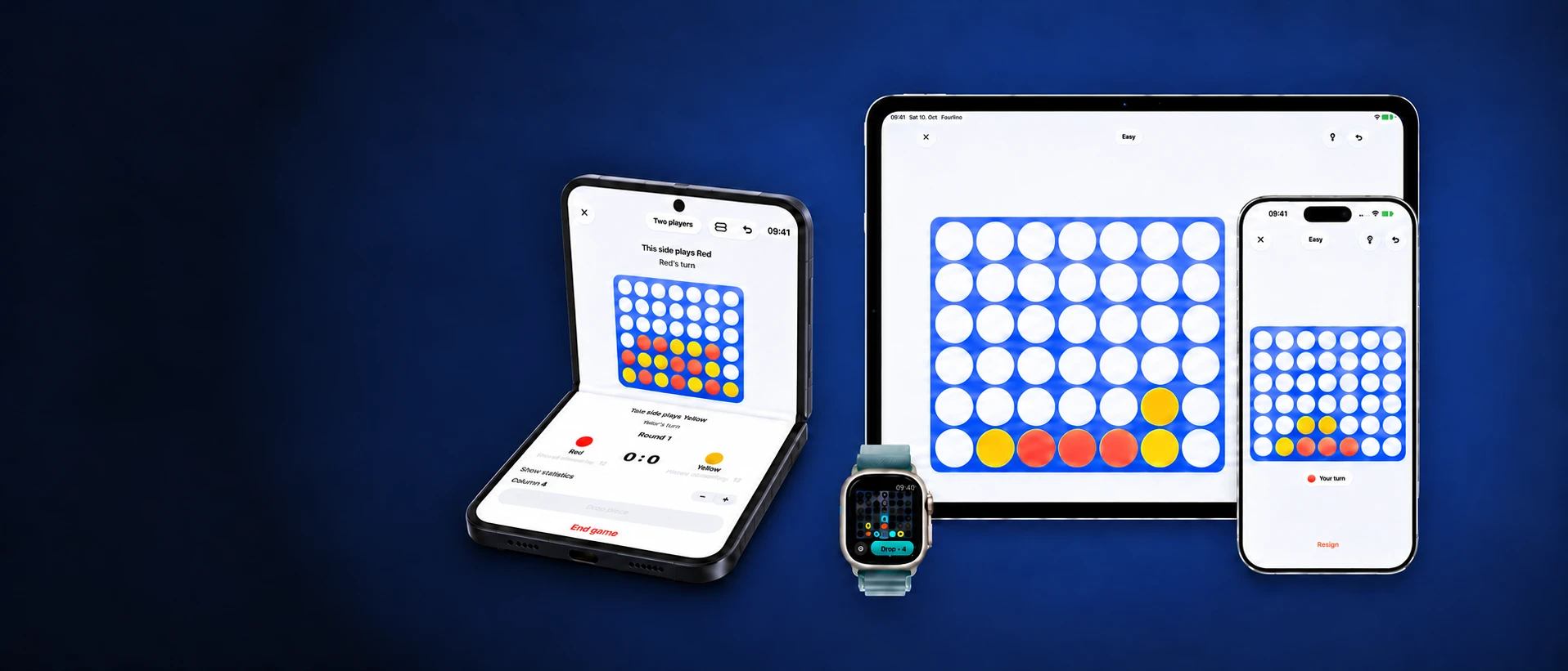 Fourlino auf einem halb aufgeklappten iPhone Duo, mit iPad dahinter, iPhone rechts und Apple Watch im Vordergrund.