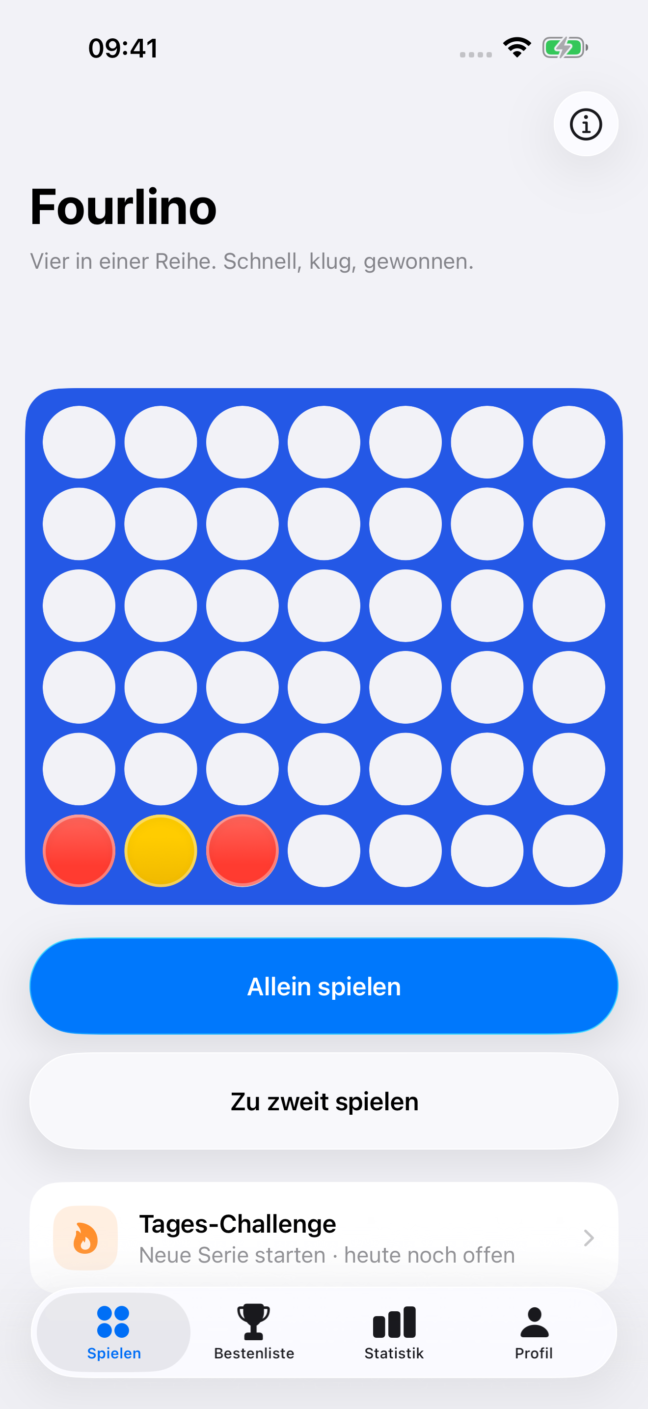 Fourlino Startansicht mit Tages-Challenge